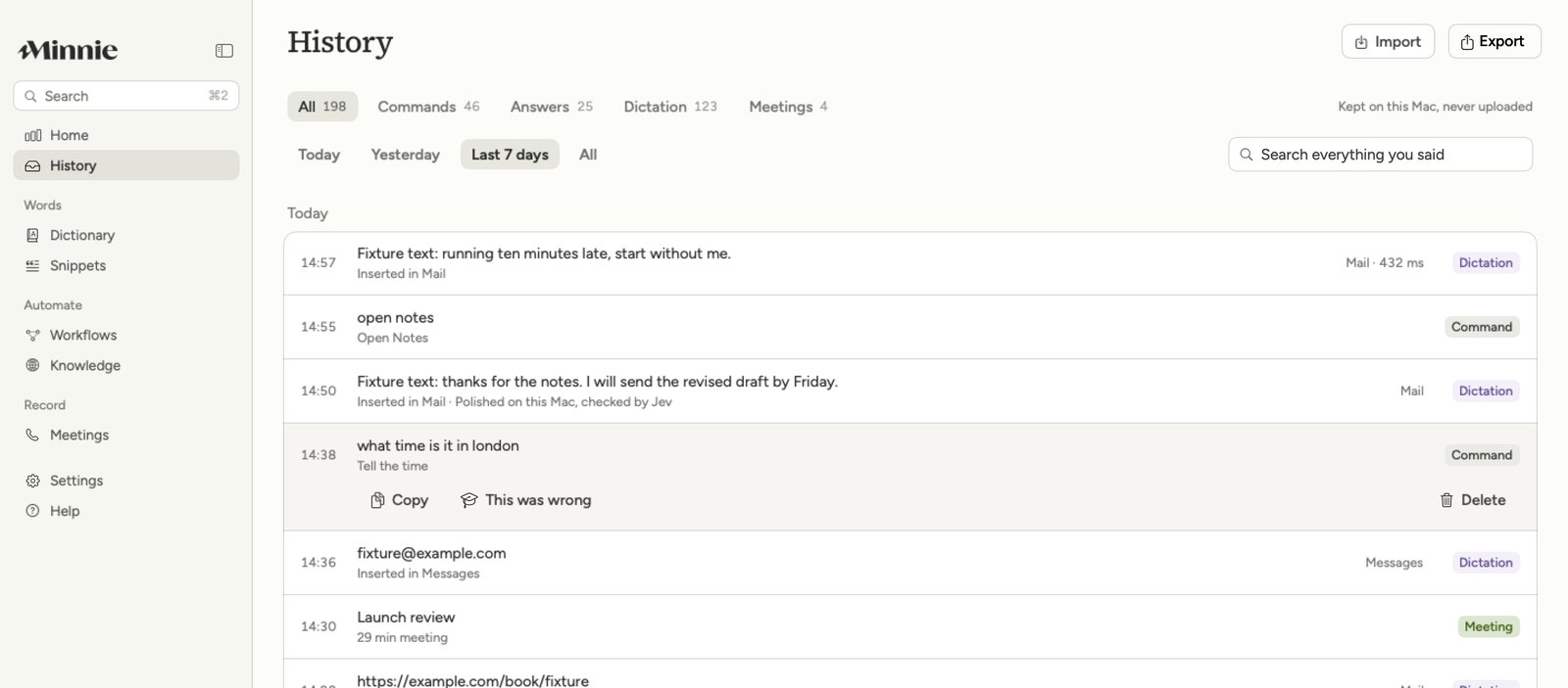 Minnie's History page: commands, dictation and meetings in one list