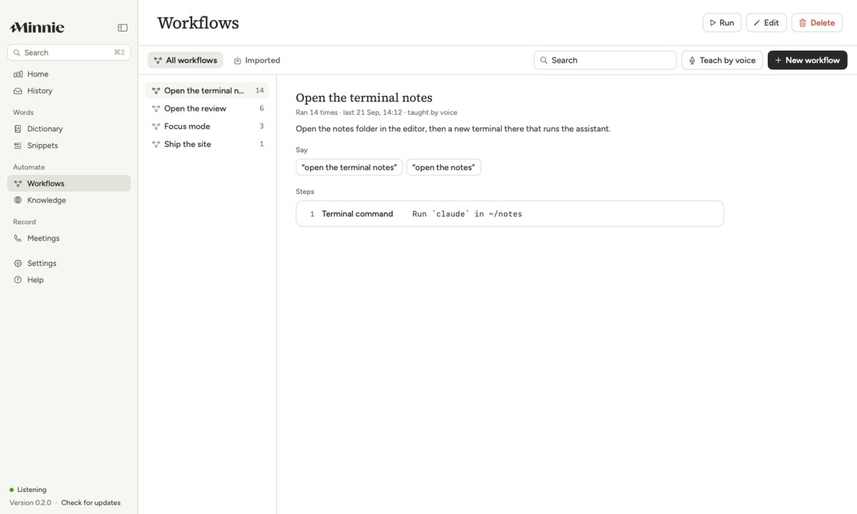 Minnie's Workflows page with a routine taught by voice